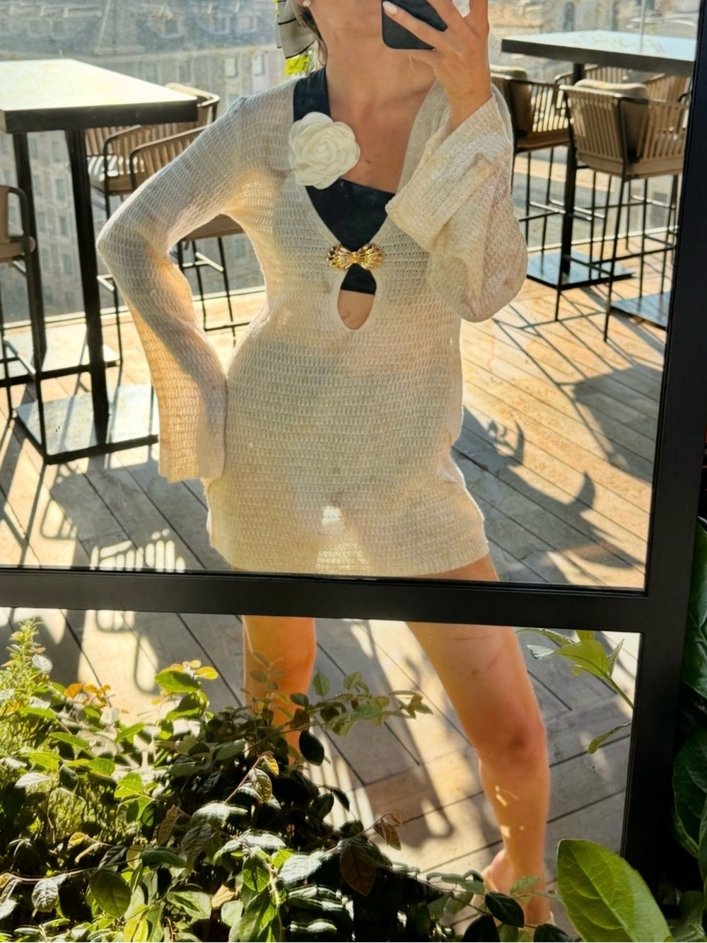 Cream Knit Beach Cover-Up with Decorative Brooch